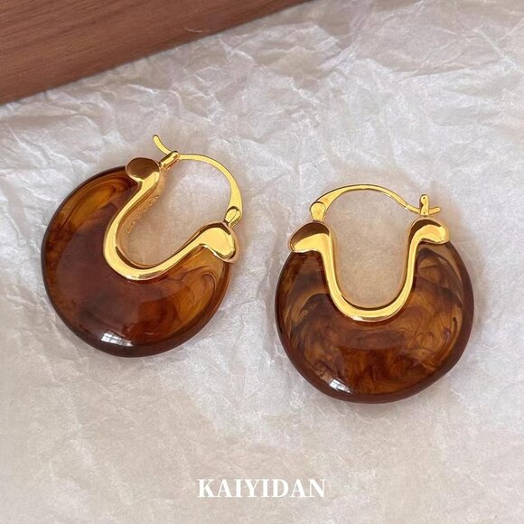 Gold Amber Resin Oval Hoop Earrings for Women - Trendy 18K Gold Plated Dangle Th - Picture 6 of 8